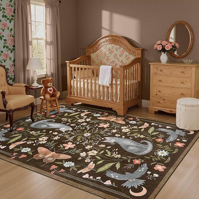 GarveeHome 3x5 Cat Washable Area Rug for Entryway, Mushroom Floral Brown Bedroom Rug Non Slip Low Pile Butterfly Carpet Stain Resistant Throw Rug for Kitchen Dorm Kids Room Office Dining Room