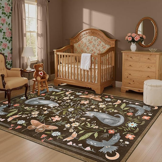 GarveeHome 4x6 Cat Washable Area Rug for Nursery Room, Mushroom Floral Brown Bedroom Rug Non Slip Low Pile Butterfly Carpet Stain Resistant Throw Rug for Dorm Kids Room Office Dining Room