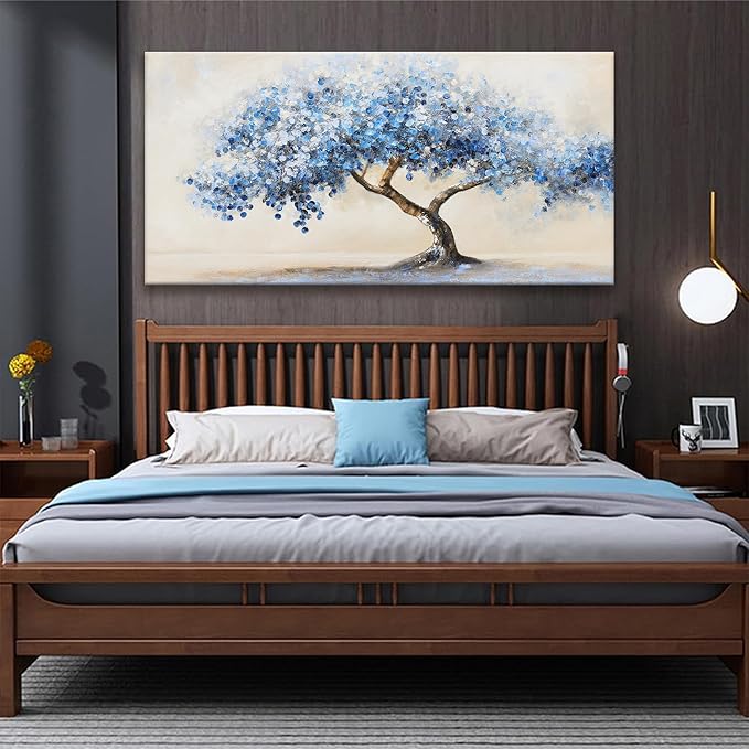 Suconvng Large Wall Art For Living Room Blue Abstract Art Tree Of Life Modern Artwork Canvas Art Wall Decor Painting Tree Pictures Ready To Hang For Bedroom Office Home Wall Decor 29"X 58"