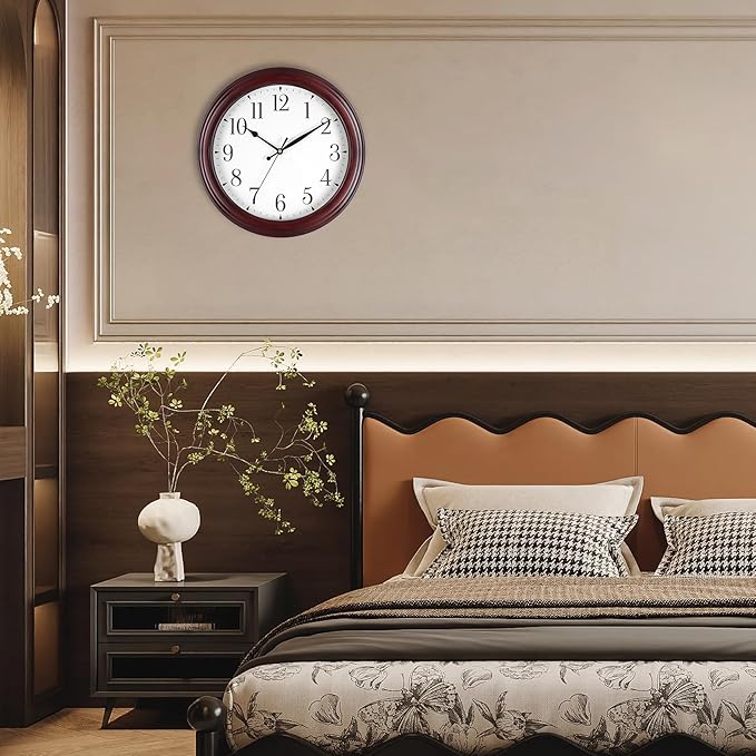 Wall Clock Wood 14 Inch Round Wooden Wall Clocks Battery Operated Non Ticking Analog Rustic Farmhouse Clock for Christmas Kitchen Living Room Bedroom