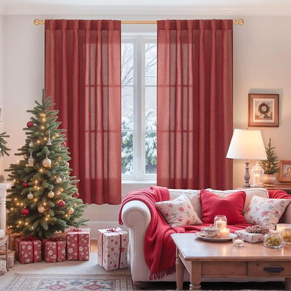 YoungsTex Burgundy Red Linen Curtains 63 Inch Length 2 Panels for Living Room - Semi Sheer Window Drapes with Back Tab Rod Pocket Light Filtering for Christmas Decor Bedroom, 52 X 63 Inch