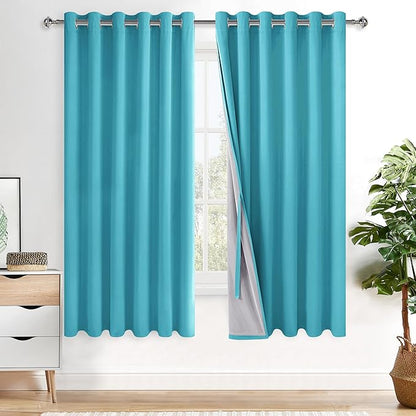 XWZO 100% Blackout Curtains 63 Inches Long with Tiebacks- Completely Shaded & Energy Saving Large Window Panels with Black Liner for Living Room/Bedroom, Turquoise, W70 x L63, Set of 2