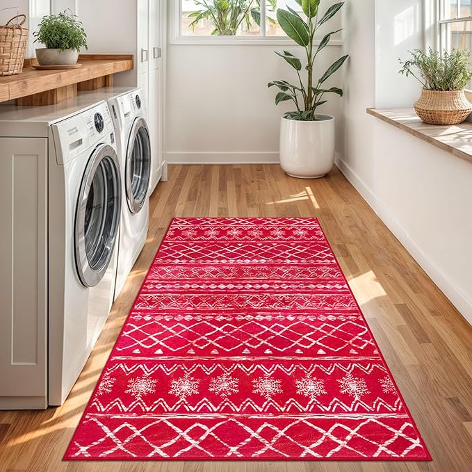 KUTA 3x5 Christmas Rugs for Entryway, Moroccan Boho Washable Area Rugs for Living Room Non Slip, Red Ultra Soft Print Distressed Geometric Low-Pile Entry Throw Carpet for Bedroom Nursery Dorm