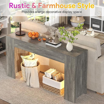 63-Inch Long Console Table with LED Light, Farmhouse Sofa Table Behind Couch, Wooden Console Table for Entryway Hallway Entrance Living Room, Gray