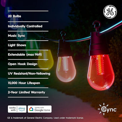 Cync GE Dynamic Effects Smart Cafe Lights, Color Changing Patio String Lights, Compatible with Alexa and Google, 48ft
