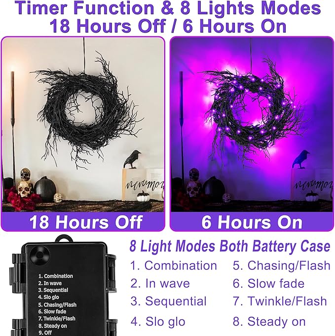 9 FT 66 LED Halloween Black Garland Willow Vine Twig Decor with Purple Light, 8 Modes & Timer Battery Operated Waterproof Halloween Decorations Indoor for Mantle Fireplace Home Office Party Decor