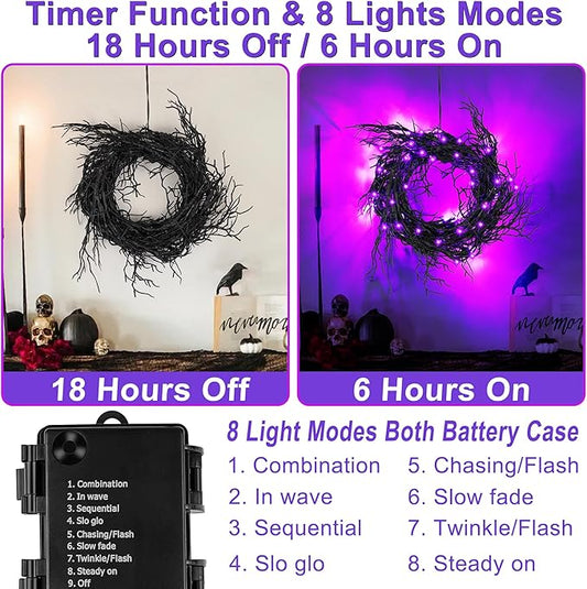 9 FT 66 LED Halloween Black Garland Willow Vine Twig Decor with Purple Light, 8 Modes & Timer Battery Operated Waterproof Halloween Decorations Indoor for Mantle Fireplace Home Office Party Decor