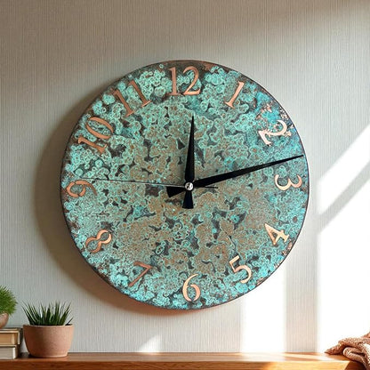 Handmade Pure Copper Wall Clock for Home Decoration, Decor Clock for Living Room, Bedroom and Kitchen, Rustic Decorative Mural Clock Art for Farmhouse (Numbers of Patina, 17.7)