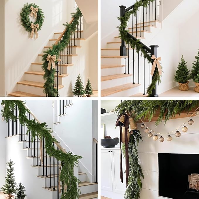 Christmas Norfolk Pine Garland, 2PCS 9Ft Real Touch Artificial Pine Greenery Christmas Garlands for Table Fireplace Wall Home Indoor Outdoor Decoration
