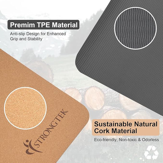 StrongTek Eco-Friendly Cork Yoga Mat, 7mm Thick, 72"x24", Cork+TPE, 2 lbs, Non-Slip, Lightweight & Cushioned Mat for Hot Yoga, Pilates & Home Fitness, Durable Surface with Natural Grip and Carry Strap