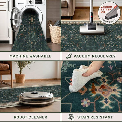 Dark Green Kitchen Rug 12 ft Long - Modern Vintage Boho Eclectic Floral with Brown Accent, Washable Low Pile Non-Slip Extra Long Wide Runner Rugs for Hallway, 3x12
