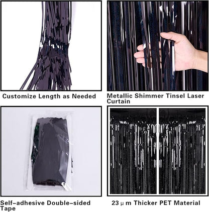 2 Pack 3.2ft x 8.2ft Black Tinsel Foil Fringe Curtain, Sparkle Metallic Foil Backdrop for Party Photo Booth Props New Years Eve Birthday Bridal Shower Bachelorette Holiday Decorations Supplies
