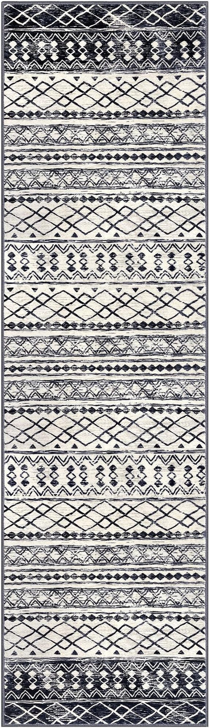 KUTA Moroccan Washable Runner Rug, 2.6x10 Non-Slip Vintage Black Navy Blue Boho Hallway Kitchen Rugs Ultra Soft Geometric Floor Carpet Runners for Bedroom Laundry Living Room