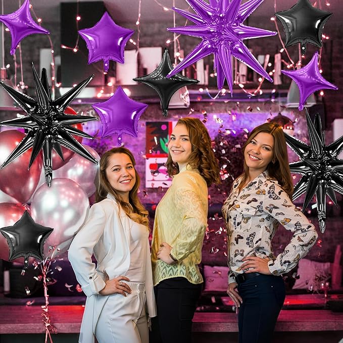 Purple Black Star Balloon,16Pcs Star Foil Balloons Set with 22Inch Explosion Spike Cone Balloons and 10Inch Quadrangle Helium Balloon for Birthday Wedding Baby Shower and Halloween Party Decorations