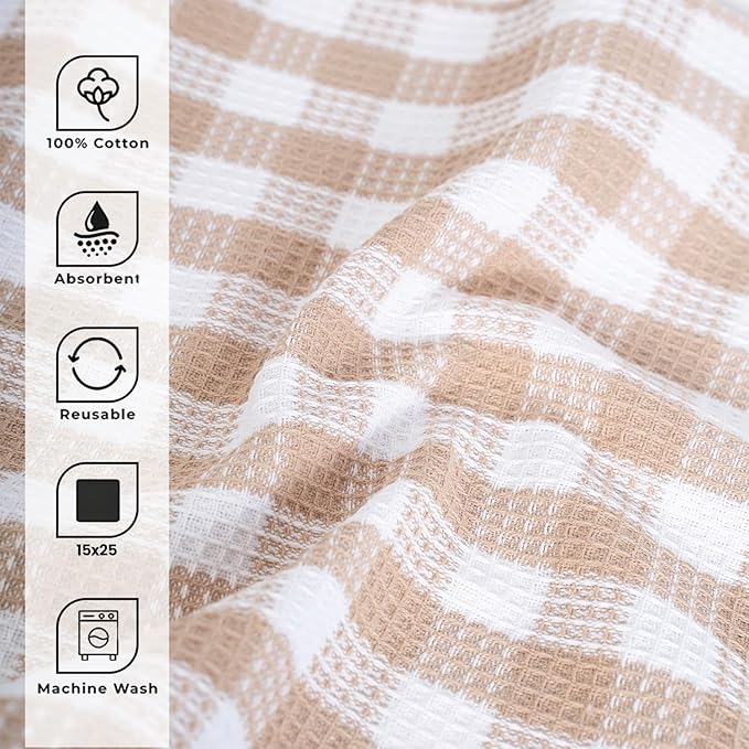 Blue Needles Waffle Weave Kitchen Towels, 15x25 Inches 100% Cotton Set of 6 Dish Cloths for Kitchen, Ultra Soft & Absorbent with Hanging Loop, Dish Rags for Quick Drying, Assorted - Beige