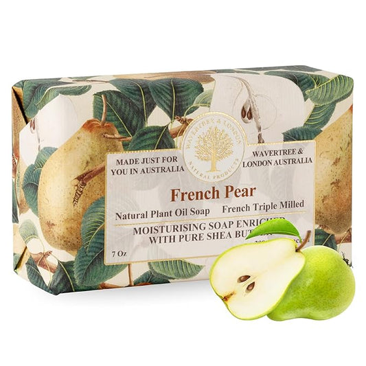 Wavertree & London French Pear Scented Natural Soap Bar, 7oz Moisturizing French Triple Milled Soap Bar for Women & Men Enriched with Organic Shea Butter, Pure Bath & Body Soap (1 Bar)