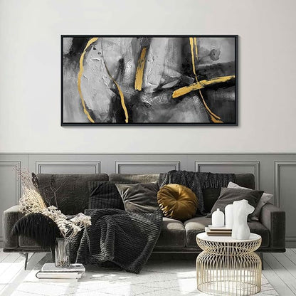 Large Framed Wall Art Decor - Abstract Black and Gray Wall Pictures Living Room Hand-Painted Dream Painting Golden Canvas Prints as Bedroom Kitchen Dining Room Cafe Home Decor 24X48 In