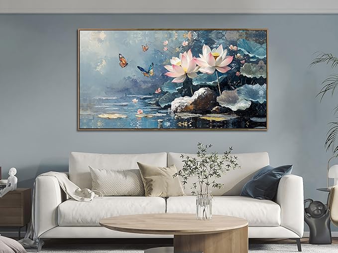 Ardemy Lotus Floral Canvas Wall Art Lrage Framed Pictures Wall Decor Living Room Flower Paintings Artwork for Walls Bedroom Kitchen Dining Room Home Office, 40"x20"