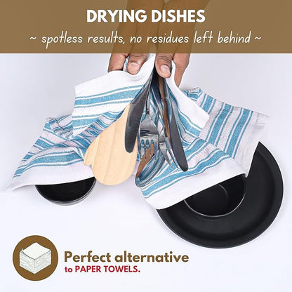 Native Fab Stripe Kitchen Towels - 100% Cotton - 12 Pack - 16"x26" - Striped Tea Towels, Dish Cloths for Drying Dishes, Absorbent, Quick Dry Towel Set with Hanging Loop - Turquiose Blue