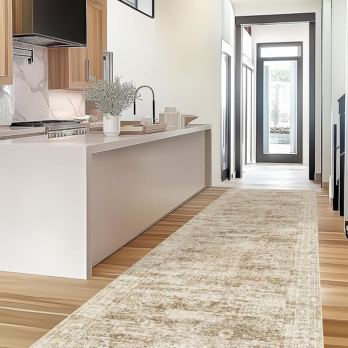 Kitchen Runner Rugs Non Skid Washable - 2.5 x 10 Runner Rug with Anti Slip Backing, Ultra-Thin Soft Rug Runner for Hallway, Bedroom, Living Room (2'x10', Brown/Ivory)