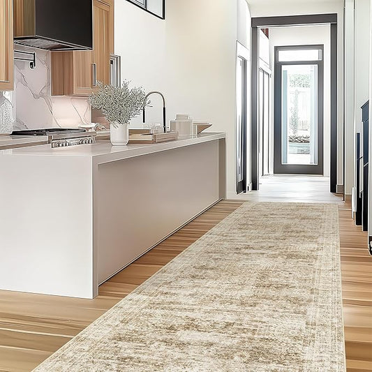 Kitchen Runner Rugs Non Skid Washable - 2.5 x 10 Runner Rug with Anti Slip Backing, Ultra-Thin Soft Rug Runner for Hallway, Bedroom, Living Room (2'x10', Brown/Ivory)