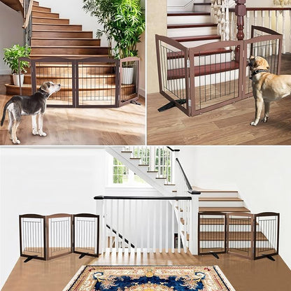 ZJSF Freestanding Dog Fence Indoor, Foldable Dog Gate for Doorways, Stairs or Hallways, Sturdy Wood Extra Wide Pet Gate with Support Feet for The House, Brown, 32 "Height-6 Panels