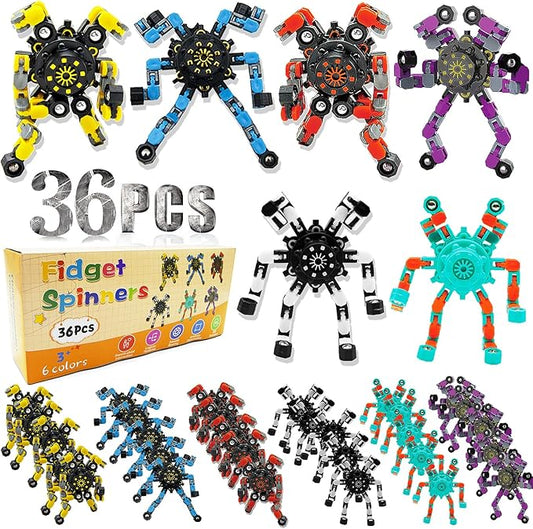 36PC Transformable Fidget Spinner for Kids,Deformable Chain DIY Robot Spinner Sensory Toy, Stress Relief Fingertip Gyros Fidget Toys Birthday Party Favors for Kids Gifts