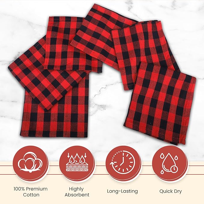 Vintage Vista 100% Cotton Dish Cloths (Pack of 6) - Dish Rags for Washing Dishes - Reusable & Highly Absorbent Kitchen Towels - Kitchen Rags for Christmas - (12" x 12" - Black & Red Checkered)
