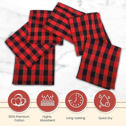 Vintage Vista 100% Cotton Dish Cloths (Pack of 6) - Dish Rags for Washing Dishes - Reusable & Highly Absorbent Kitchen Towels - Kitchen Rags for Christmas - (12" x 12" - Black & Red Checkered)