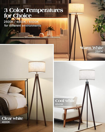 ELYONA Wood Tripod Floor Lamp, Mid Century Modern Reading Standing Light, Tall Studying Light with 3 Color Temperatures LED Bulb & Nature Linen Shade for Farmhouse Living Room Bedroom Office, Walnut