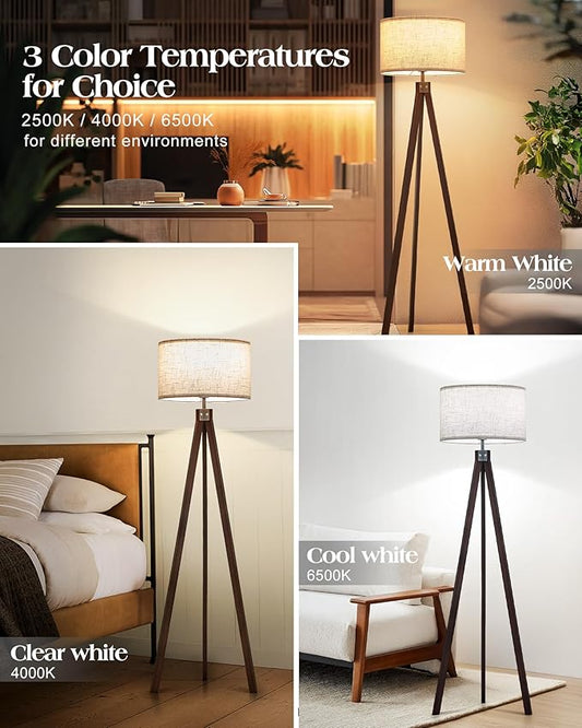 ELYONA Wood Tripod Floor Lamp, Mid Century Modern Reading Standing Light, Tall Studying Light with 3 Color Temperatures LED Bulb & Nature Linen Shade for Farmhouse Living Room Bedroom Office, Walnut