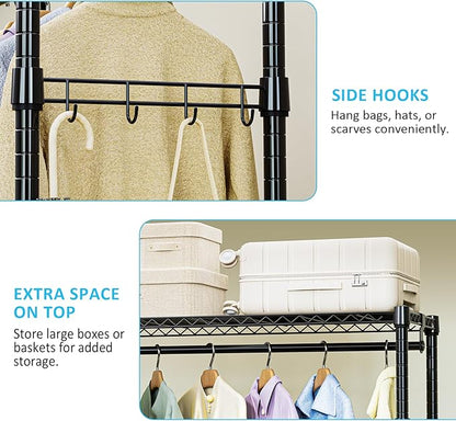 IZEUK Heavy Duty Rolling Garment Rack with 3 Adjustable Wire Shelves, Hanging Rod & Side Hooks - Mobile Clothes Rack with Wheels, 29.5" W x 15.7" D x 75" H, Black