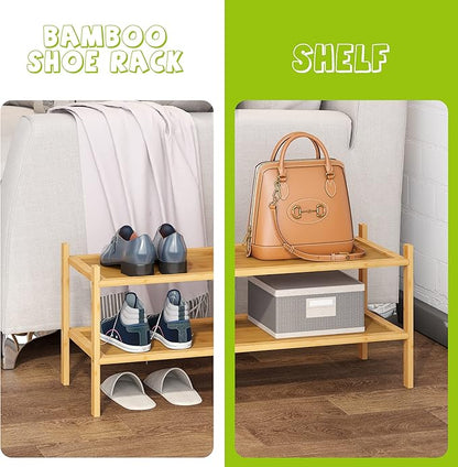 BMOSU 2-Tier Bamboo Shoe Rack Premium Stackable Shoe Shelf Storage Organizer for Hallway Closet Living Room Entryway Organizer(Natural)