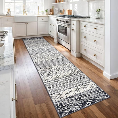KUTA Moroccan Washable Runner Rug, 2x10 Non-Slip Vintage Black Navy Blue Boho Hallway Kitchen Runners Ultra Soft Distressed Geometric Floor Carpet Rugs for Bedroom Laundry Living Room