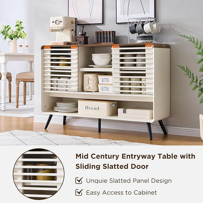 RedLemon 46" Entryway Table, Mid Century Modern Console Table with Slatted Sliding Door, Storage Shelf Wood Sofa Table Behind Couch for Hallway, Living Room, Foyer, Antique White
