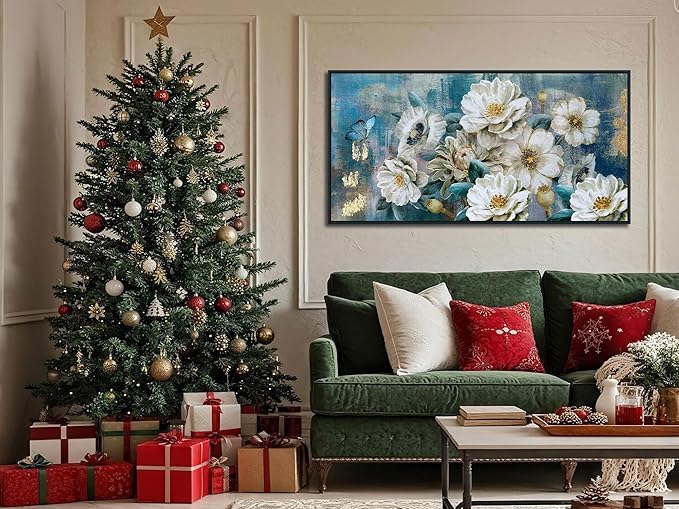 Arjun Large Black Framed Flower Canvas Wall Art for Living Room White Modern Painting for Bedroom Textured Gold Foil Turquoise Picture Floral Teal Artwork Bathroom Home Office Decor, 40"x20"