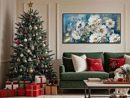 Arjun Large Black Framed Flower Canvas Wall Art for Living Room White Modern Painting for Bedroom Textured Gold Foil Turquoise Picture Floral Teal Artwork Bathroom Home Office Decor, 40"x20"