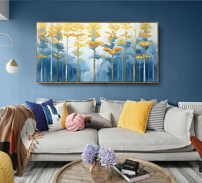 ARTZON Oversized Framed Wall Art Large Modern Abstract Blue Yellow Birch Tree Canvas Print Decorative Forest Picture Horizontal Landscape Artwork for Living Room Office Bedroom Over Bed Decor 58"x29"