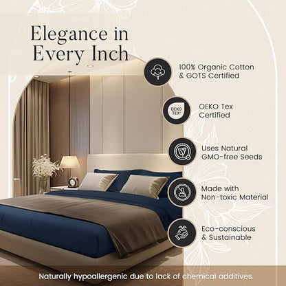 100% Organic Cotton Sheets Queen Size Set, 300 TC Deep Pocket Queen Sheets Set, Soft Breathable Sateen Weave 4 PC Elasticated Sheet & Pillowcase Sets, No Pill & Shrink, Fade Resistant- navy