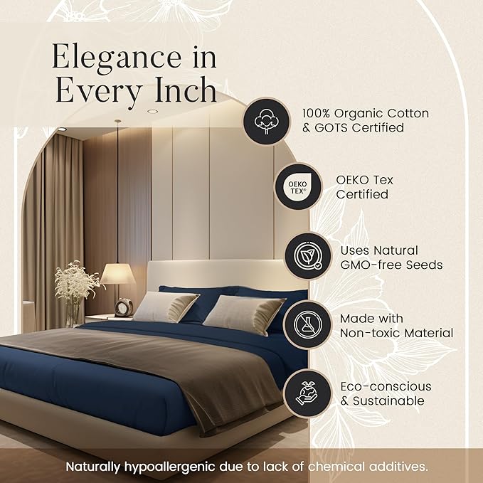 100% Organic Cotton Sheets For King Size Bed, 300 Thread Count Deep Pocket King Sheet Set, Elasticated Sheet & Pillowcase Sets, No Pill & Shrink, Soft & Comfy Naturally Cool & Breathable- Navy