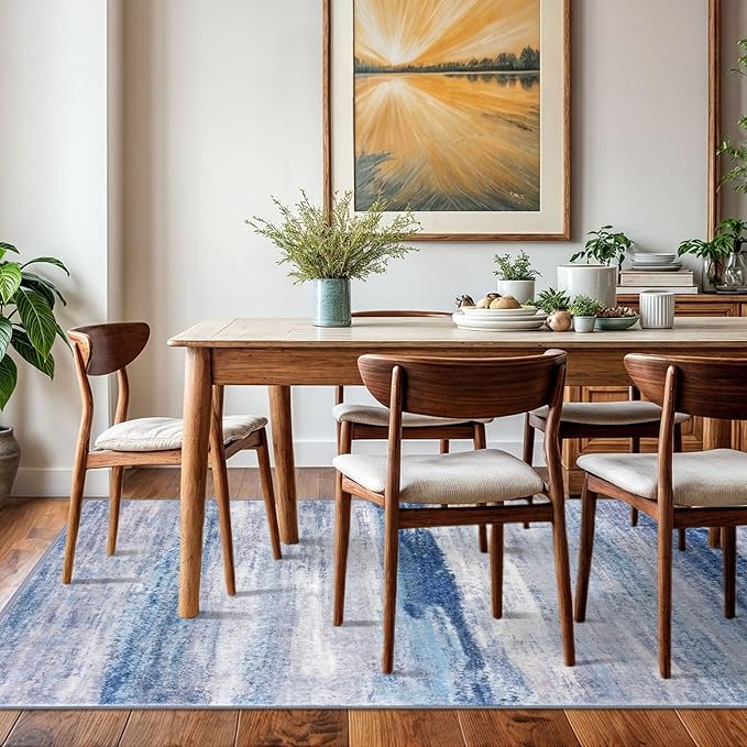 KOZYFLY Washable Area Rug 5x7 Modern Ombre Thin Rugs for Living Room Non-Slip Soft Striped Area Rug for Bedroom, Print Blue/Grey/Beige Abstract Carpet for Kid Room