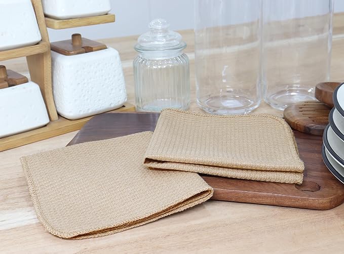 PurpleEssences Dish Cloths and Dish Rags - 6 Pack Waffle Weave Solid Kitchen Dish Wash Cloths, 100% Cotton, 12 x 12 Inches, Ultra Soft Absorbent Quick Drying Fall Thanksgiving - Beige