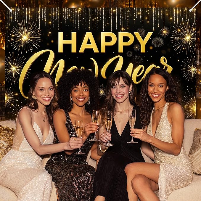 Happy New Year Backdrop Black and Gold Fireworks Banner Glitter Photography Background 71x43 Inches Indoor Outdoor Party Decoration New Year Eve Celebration Supplies