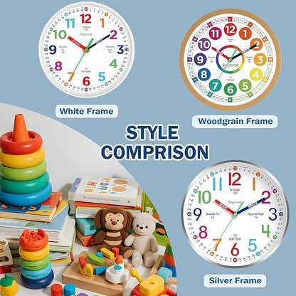 Wall Clock for Kids Learning to Tell Time Non Ticking Battery Operated Kids Teaching Clock Small Teaching Time Clock Decorative for Kids Room Classroom School (8 Inch)