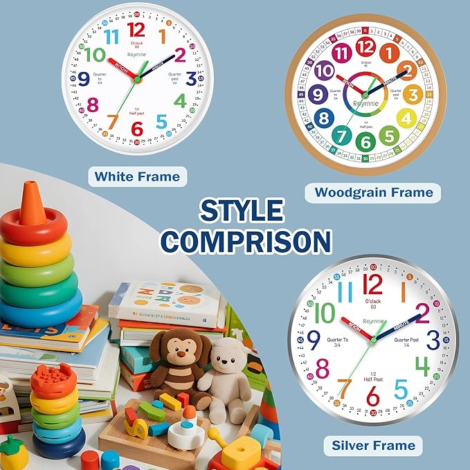 Wall Clock 10 Inch for Kids Learning Kids Teaching Clock Analog Silent Battery Operated Colorful Teaching Time Clock Decorative for Kids Room Kitchen School (White Grain)