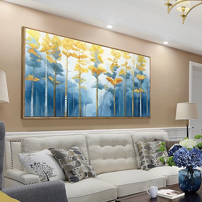 ARTZON Oversized Framed Wall Art Large Modern Abstract Blue Yellow Birch Tree Canvas Print Decorative Forest Picture Horizontal Landscape Artwork for Living Room Office Bedroom Over Bed Decor 58"x29"