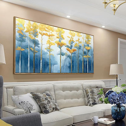 ARTZON Oversized Framed Wall Art Large Modern Abstract Blue Yellow Birch Tree Canvas Print Decorative Forest Picture Horizontal Landscape Artwork for Living Room Office Bedroom Over Bed Decor 58"x29"