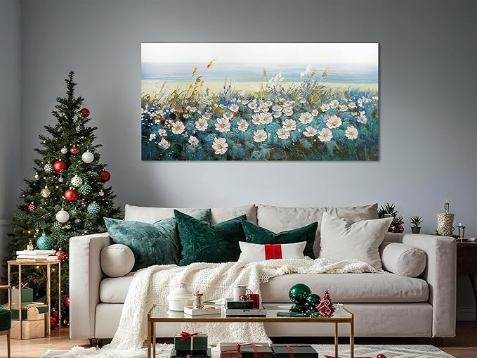 Arjun Flower Wall Art Bedroom Wall Decor, Oversize Extra Large Canvas White Daisy Floral Painting Landscape Picture Art Work for Living Room Textured Office Home Dining Room, Oversized 58"x29"