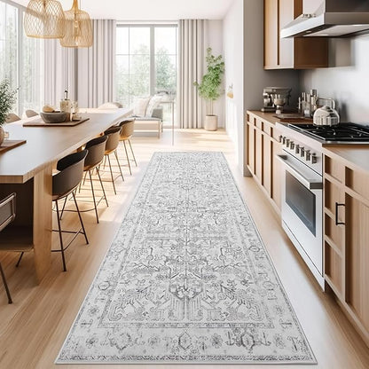 jinchan Hallway Runner Rug 3x8 Washable - Vintage Floral Non Slip Low-Pile Soft Ultra-Thin Faux Wool Kitchen Rug Distressed Carpet Runner for Farmhouse Bedroom Laundry (3x8ft,Grey)