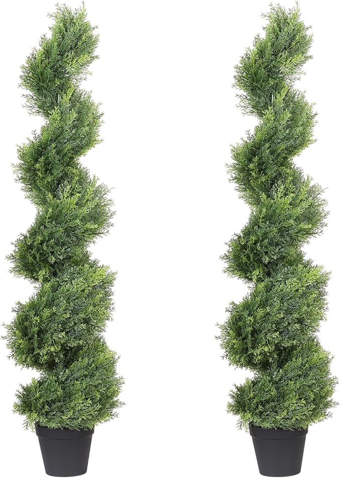 THE BLOOM TIMES 4ft Artificial Topiary Trees Set of 2, 48 inch Faux Cedar Cypress Spiral Topiary Trees Outdoor - Fake Plants for Garden Front Porch Indoor Outside Planter Christmas Decor 4 Foot